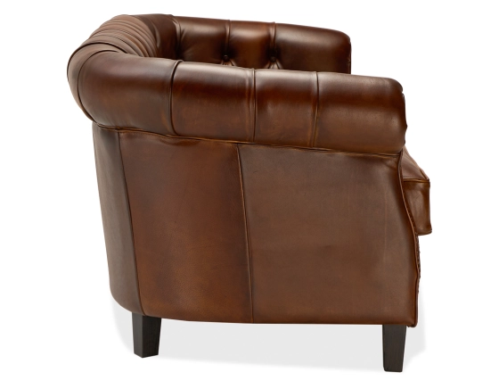 Canapé Chesterfield cuir 2 places marron vintage accoudoirs cloutés