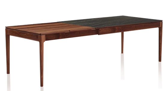 Table extensible 8 à 12 personnes en noyer et céramique allonges bois avec bois teinte naturelle et plateau céramique effet marbre noir 160x100 cm