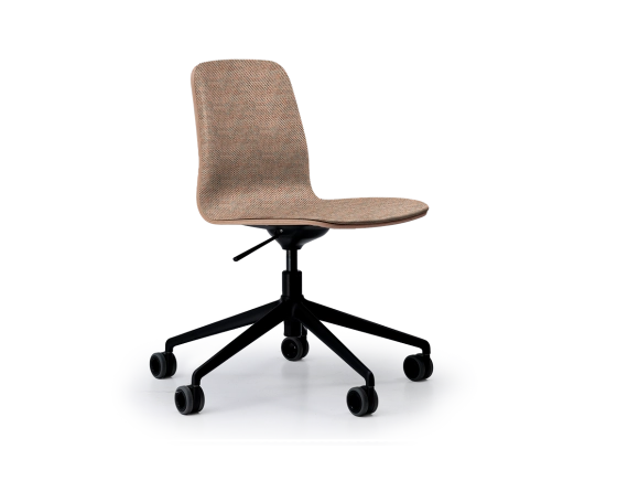 Design office chair black metal base with wheels, seat in beige, orange, and blue mottled fabric.