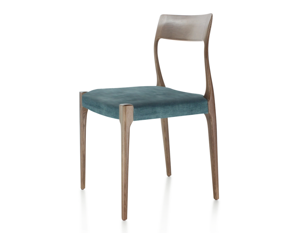 Chaise scandinave bois teinte marron foncé assise tissu velours bleu pétrole Chaise scandinave bois teinte marron foncé assise tissu velours bleu pétrole