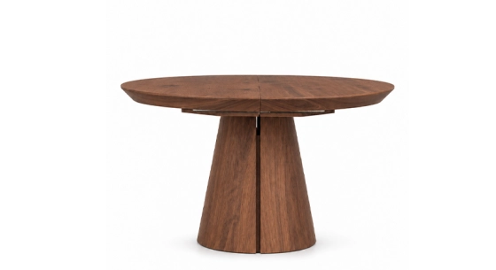 Table ronde extensible 4 à 8 personnes en noyer avec plateau et allonges bois teinte naturelle 130x130 cm