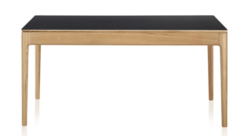 Extendable table for 6 to 10 people in oak and ceramic with wooden extensions with natural stained wood and plain black ceramic top 140x90 cm Extendable table for 6 to 10 people in oak and ceramic with wooden extensions with natural stained wood and plain black ceramic top 140x90 cm