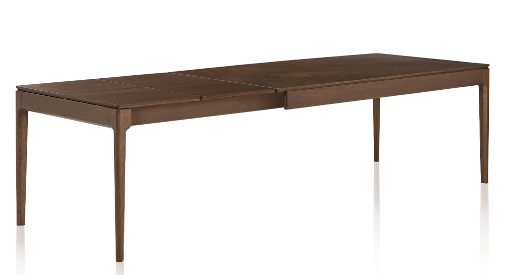 Table extensible 6 à 12 personnes en chêne et céramique allonges bois avec bois teinte marron foncé et plateau céramique brun oxydé 140x100 cm Table extensible 6 à 12 personnes en chêne et céramique allonges bois avec bois teinte marron foncé et plateau céramique brun oxydé 140x100 cm