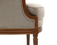 Louis XVI style bergère armchair wood antique stain and white and taupe houndstooth fabric Louis XVI style bergère armchair wood antique stain and white and taupe houndstooth fabric