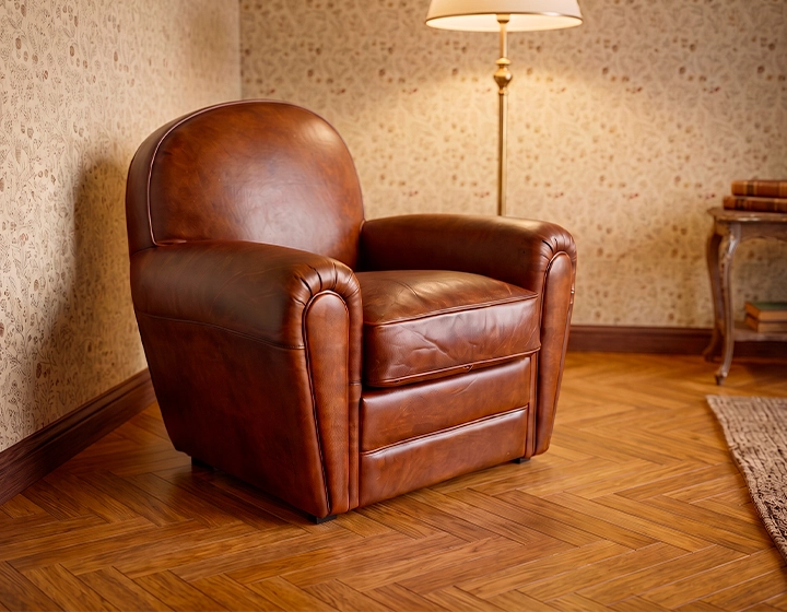 Leather club armchair vintage brown piped armrests