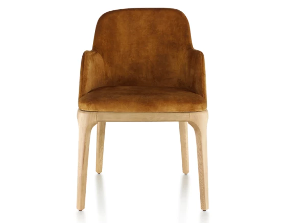 Chaise design avec accoudoirs bois teinte naturelle et tissu velours bronze