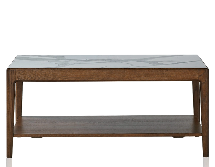 Table basse rectangulaire en chêne et céramique avec tablette en bois teinte marron foncé plateau céramique effet marbre blanc 100x50 cm Table basse rectangulaire en chêne et céramique avec tablette en bois teinte marron foncé plateau céramique effet marbre blanc 100x50 cm