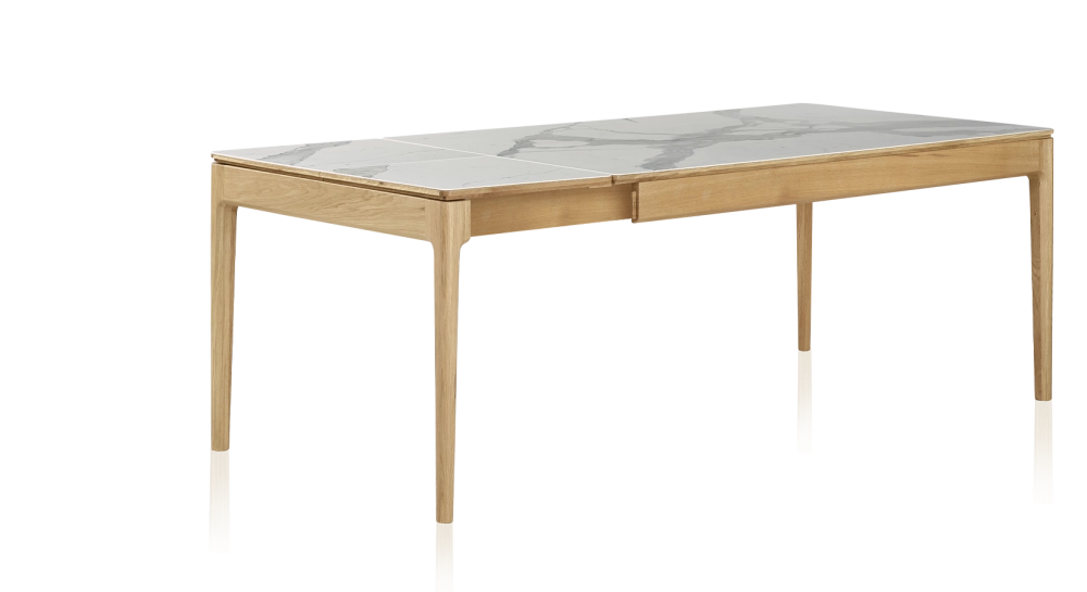 Table extensible 8 à 12 personnes en chêne et céramique allonges céramique avec bois teinte naturelle et plateau et allonges céramique effet marbre blanc 160x100 cm