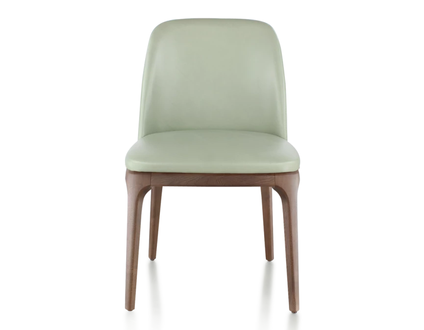 Chaise design bois teinte marron foncé et cuir vert sauge