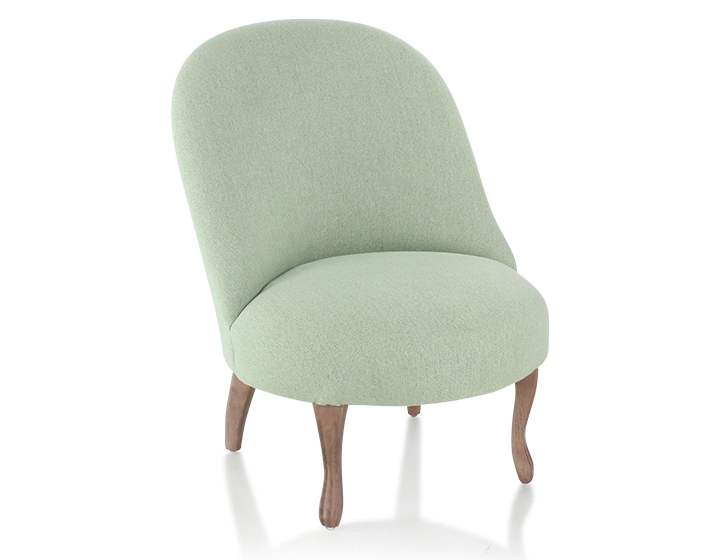 Fauteuil crapaud sans accoudoirs pieds bois teinte noyer et tissu vert sauge Fauteuil crapaud sans accoudoirs pieds bois teinte noyer et tissu vert sauge