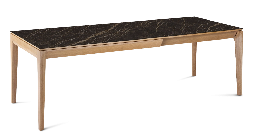 Table extensible 8 à 12 personnes en chêne et céramique allonges céramique avec bois teinte naturelle et plateau et allonges céramique effet marbre noir 180x100 cm