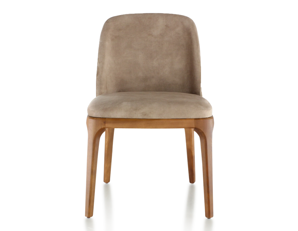 Designer chair cherry-stained wood and light taupe velvet fabric Designer chair cherry-stained wood and light taupe velvet fabric