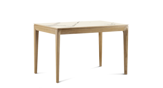Extendable table for 8 to 12 people in oak and ceramic with wooden extensions with natural stained wood and white marble effect ceramic top 180x100 cm