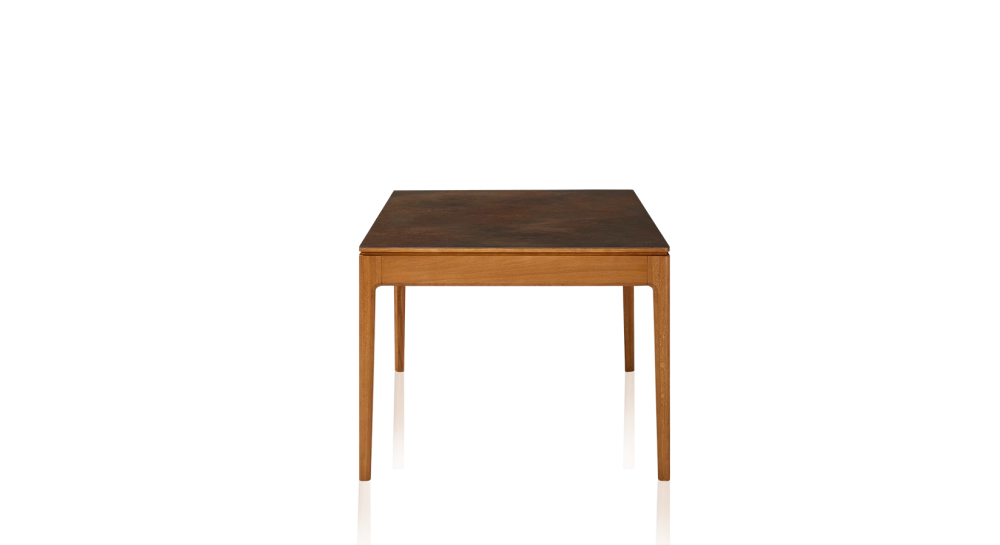 Table extensible 8 à 14 personnes en chêne et céramique allonges céramique avec bois teinte merisier et plateau et allonges céramique brun oxydé 210x100 cm