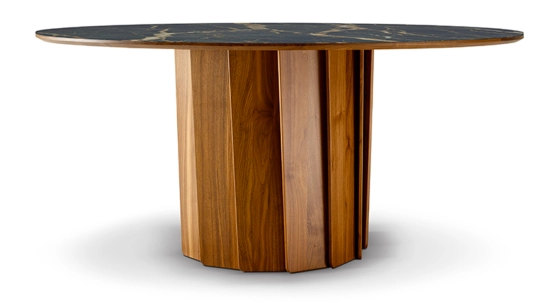Round dining table for 6 people in walnut and ceramic natural tint black marble effect top 120 cm