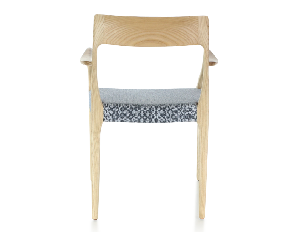 Scandinavian armchair with armrests natural stained wood, blue chevron fabric seat Scandinavian armchair with armrests natural stained wood, blue chevron fabric seat