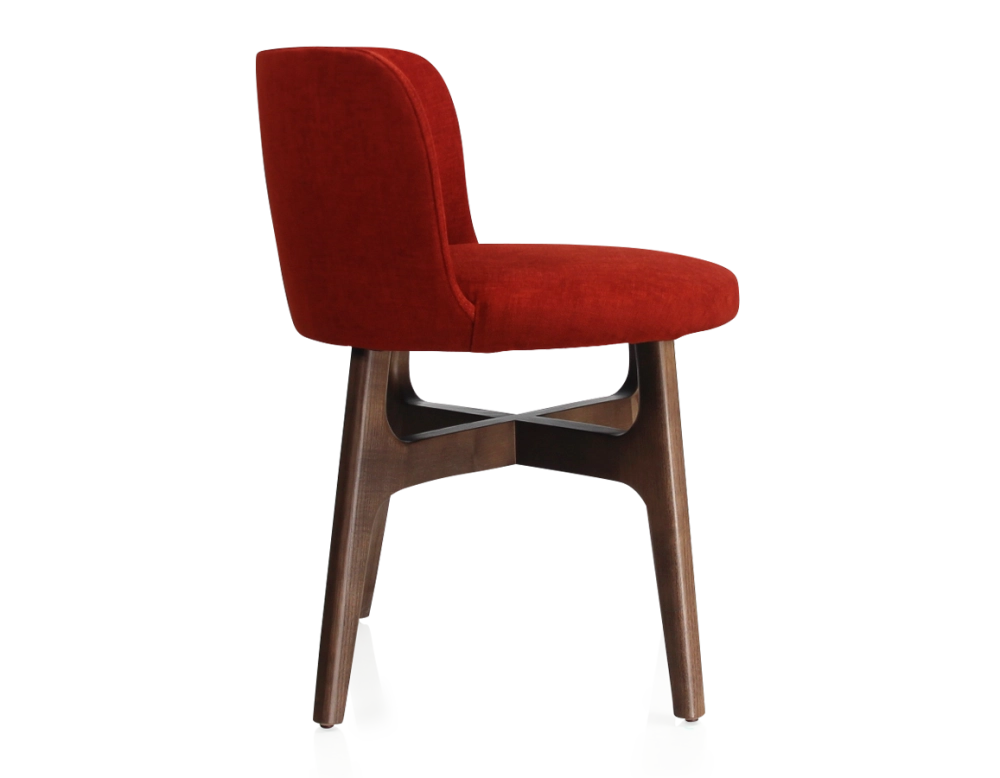 Chaise design bois teinte marron foncé assise tissu orange brulé Chaise design bois teinte marron foncé assise tissu orange brulé