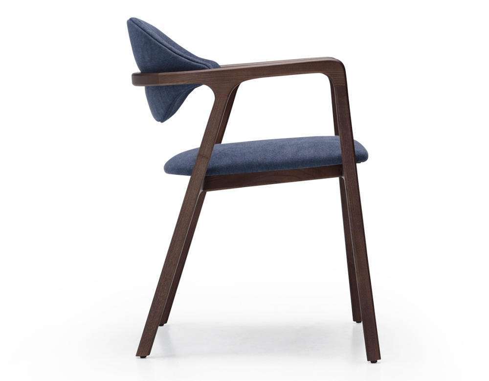 Designer armchair dark brown stained wood and ocean blue fabric. Designer armchair dark brown stained wood and ocean blue fabric.