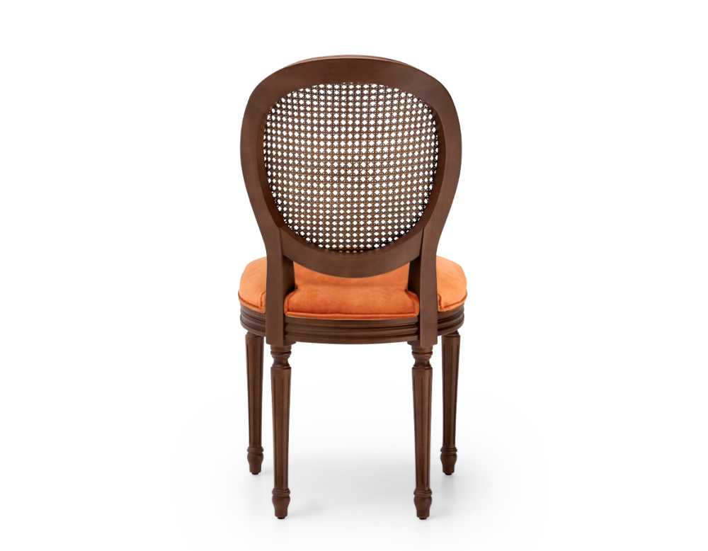 Louis XVI style antique chair dark brown stained wood with cane backrest and terracotta velvet seat. Louis XVI style antique chair dark brown stained wood with cane backrest and terracotta velvet seat.
