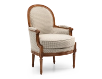 Louis XVI style bergère armchair wood antique stain and white and taupe houndstooth fabric Louis XVI style bergère armchair wood antique stain and white and taupe houndstooth fabric