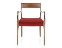 Chaise scandinave avec accoudoirs bois teinte noyer assise tissu bordeaux Chaise scandinave avec accoudoirs bois teinte noyer assise tissu bordeaux