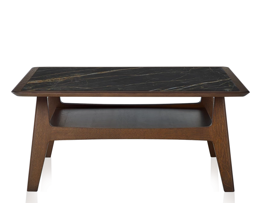Table basse carrée en chêne et céramique avec bois teinte marron foncé plateau céramique effet marbre noir 100x100 cm