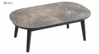 Table basse ovale en chêne et céramique avec bois teinte marron foncé plateau céramique brun oxydé 100x60 cm