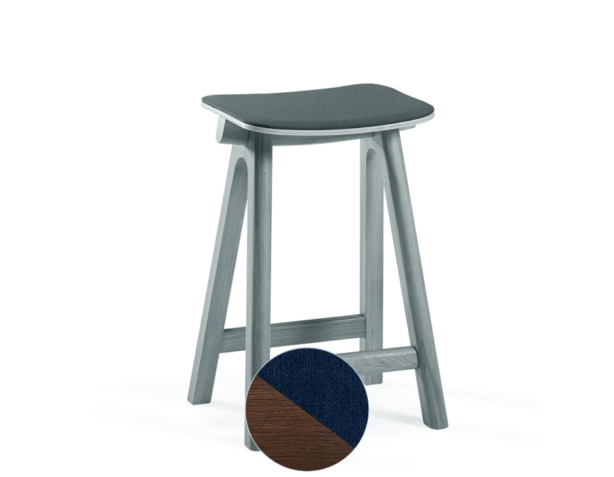 Tabouret de bar en chêne tapissé H60 cm bois teinte marron foncé assise bleu marine