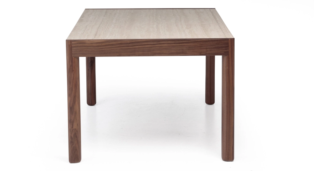 Extending table for 8 to 12 people in walnut and ceramic with ceramic extensions natural wood finish and ceramic travertine stone effect 160x100 cm Extending table for 8 to 12 people in walnut and ceramic with ceramic extensions natural wood finish and ceramic travertine stone effect 160x100 cm