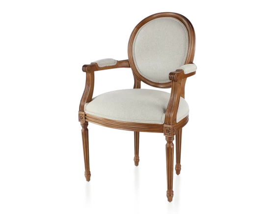Chaise ancienne avec accoudoirs style Louis XVI tissu beige naturel
