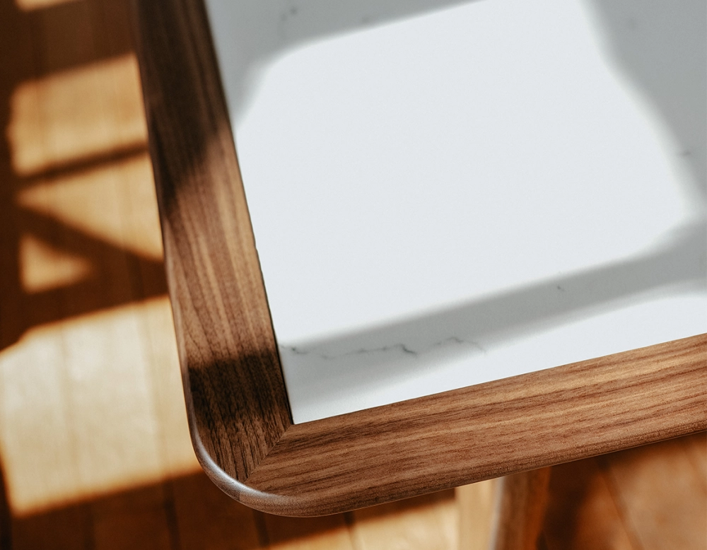 Table basse carré en noyer et céramique bois teinte naturelle plateau céramique effet marbre blanc 100x100 cm Table basse carré en noyer et céramique bois teinte naturelle plateau céramique effet marbre blanc 100x100 cm