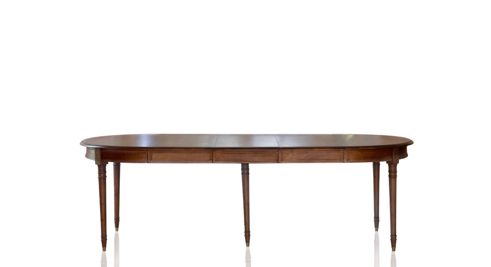 Table ronde Louis XVI extensible 4 à 14 personnes bois teinte ancienne avec 5 allonges 110x120cm Table ronde Louis XVI extensible 4 à 14 personnes bois teinte ancienne avec 5 allonges 110x120cm