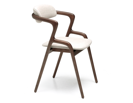 Scandinavian chair dark brown stained wood with a natural beige fabric seat.