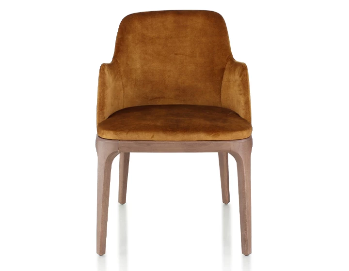 Chaise design avec accoudoirs bois teinte noyer et tissu velours bronze