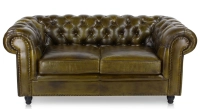Canapé Chesterfield cuir 2 places vert olive accoudoirs cloutés Canapé Chesterfield cuir 2 places vert olive accoudoirs cloutés