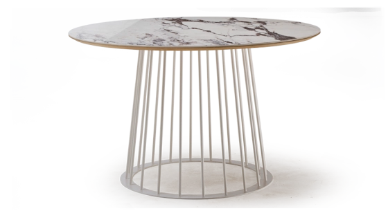 Round dining table in oak and ceramic. white metal base and white marble-effect ceramic top m3 120x120