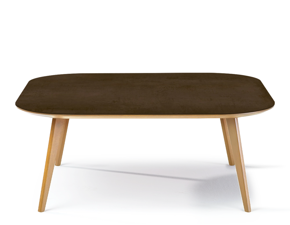 Square coffee table with rounded corners F2 in oak and ceramic wood natural finish with ceramic top in rust effect. 110x110x40 cm