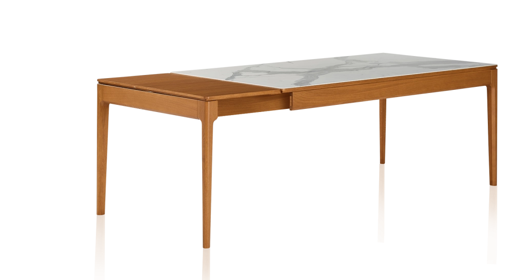 Table extensible 8 à 12 personnes en chêne et céramique allonges bois avec bois teinte merisier et plateau céramique effet marbre blanc 210x90 cm Table extensible 8 à 12 personnes en chêne et céramique allonges bois avec bois teinte merisier et plateau céramique effet marbre blanc 210x90 cm