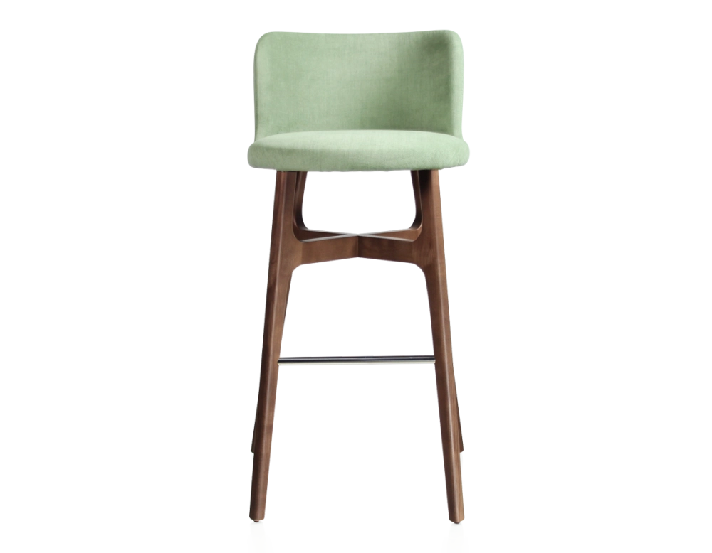 Tabouret de bar h80 cm bois teinte marron foncée assise tissu vert Tabouret de bar h80 cm bois teinte marron foncée assise tissu vert