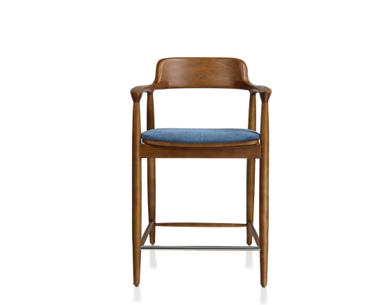 Tabouret de bar h60 cm bois teinte merisier assise tissu bleu jean