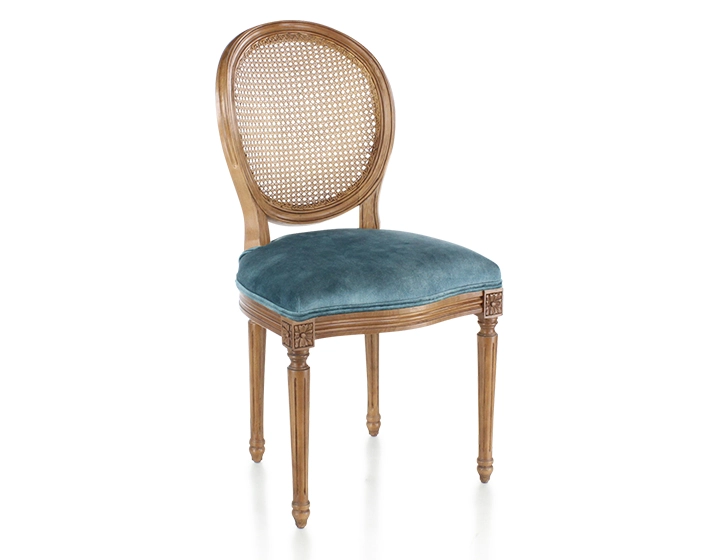 Chaise ancienne style Louis XVI bois teinte ancienne dossier canné assise tissu velours bleu pétrole Chaise ancienne style Louis XVI bois teinte ancienne dossier canné assise tissu velours bleu pétrole