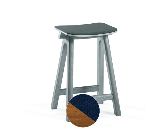 Tabouret de bar en chêne tapissé H60 cm bois teinte merisier assise bleu marine