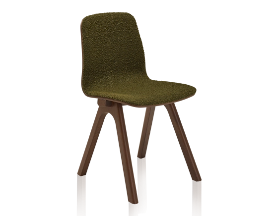Chaise design en chêne tapissé bois teinte marron foncé assise tissu bouclé vert