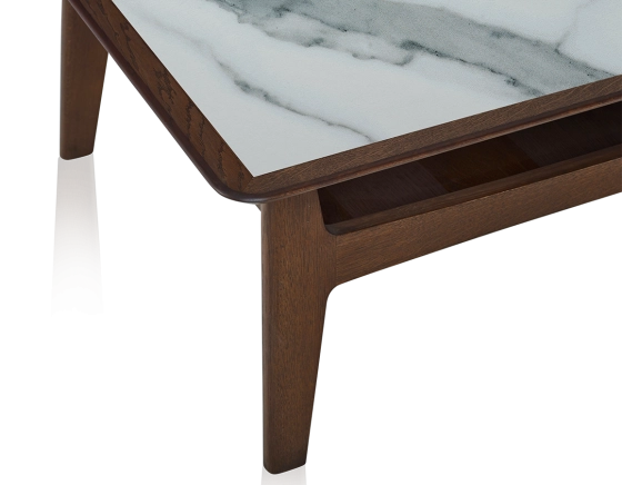 Square coffee table in oak and ceramic with dark brown stained wood white marble effect ceramic top 100x100 cm