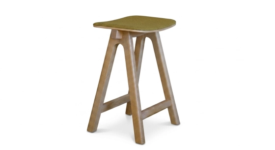 Design bar stool H65 cm natural wood finish with blue fabric seat