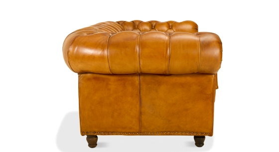 Canapé Chesterfield cuir 2 places cognac accoudoirs cloutés