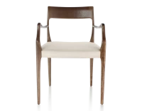 Chaise scandivave avec accoudoirs bois teinte marron foncé assise tissu chevron beige