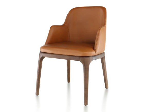 Chaise design avec accoudoirs teinte marron foncé et cuir caramel
