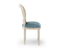 Louis XVI style antique chair white cerused wood with cane backrest and petrol blue velvet seat. Louis XVI style antique chair white cerused wood with cane backrest and petrol blue velvet seat.