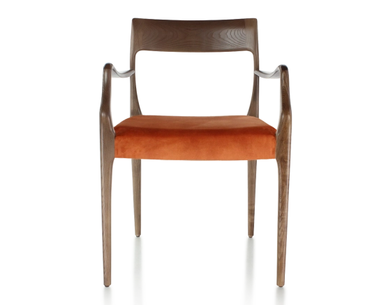 Scandinavian armchair with armrests wood stained dark brown seat terracotta velvet fabric